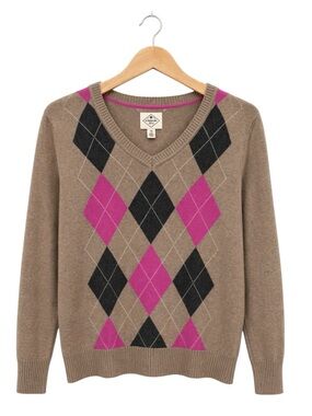 Vintage Womens Pink Tan Argyle Sweater PM‎ Preppy Academia V Neck Pullover